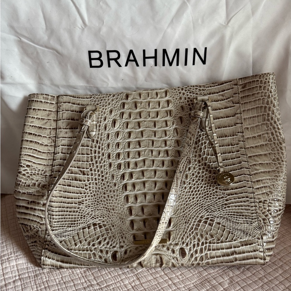 Brahmin Beige Crocodile Embossed Shoulder Bag